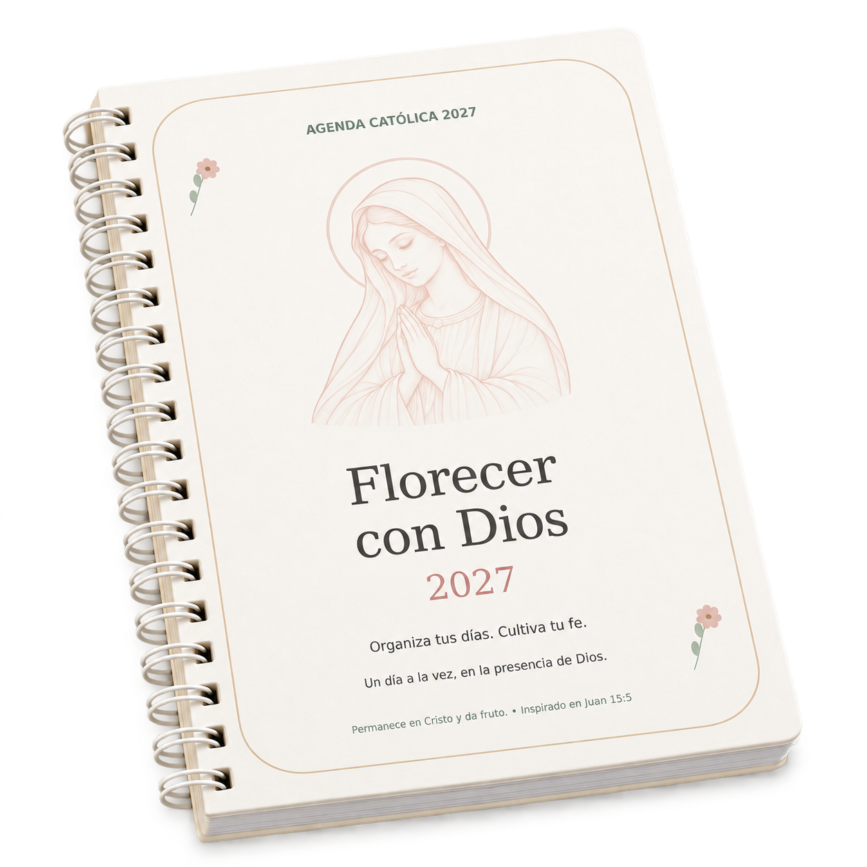 Portada del planner encuadernado Florecer con Dios 2027 con la ilustración de la Virgen María